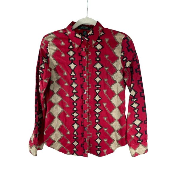Lauren Ralph Lauren Western Aztec Printed Button-Down Shirt PM Red Tan Cotton - Picture 1 of 9